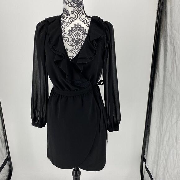 ASOS Black Ruffle Long Sleeve Wrap Dress. Size 4. Fun, Flirty, Sexy - Picture 2 of 10